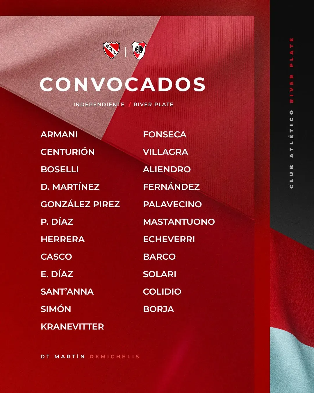 Los convocados de River para visitar a Independiente.