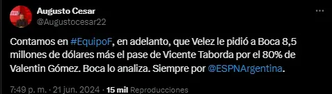 Vélez pide una fortuna por Valentín Gómez.