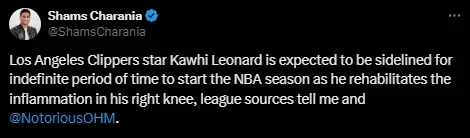 Kawhi Leonard sidelined indefinite period of time. Via @ShamsCharania.