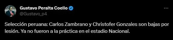 Christofer Gonzáles y Carlos Zambrano no estarán contra Argentina. (Foto: Twitter).
