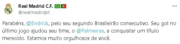 Foto: Reprodução/X – Conta do Real Madrid em português parabeniza Endrick