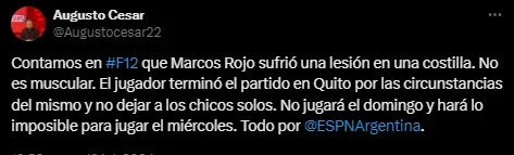 Rojo no juega ante Defensa y Justicia.