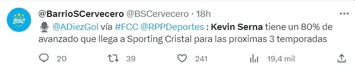 Kevin Serna sería el reemplazo de Joao Grimaldo en Sporting Cristal. | Créditos @BSCervecero.