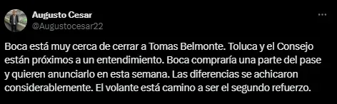 Belmonte, cada vez más cerca de Boca.