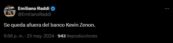 Kevin Zenón, afuera del banco (X @EmilianoRaddi).