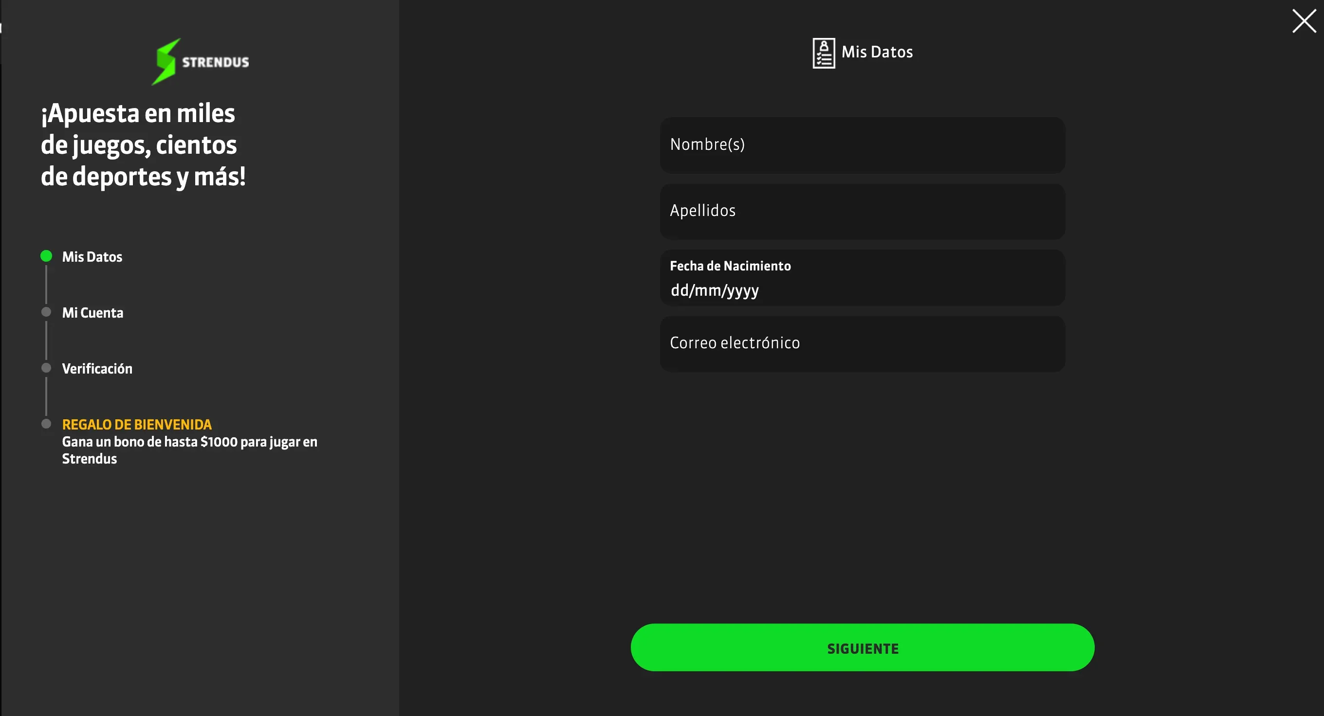 pantalla para crear cuenta Strendus MÉXICO