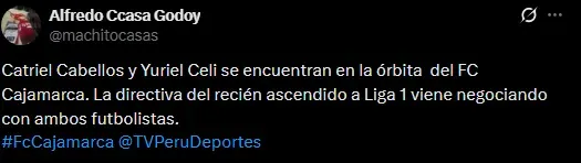 FC Cajamarca va por Cabellos y Celi (Foto: X).