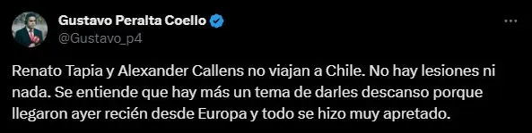 La explicación a la exclusión del viaje a Chile de Renato Tapia y Alexander Callens. (Foto: Twitter).
