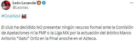 Cruz Azul no realizará apelaciones. (@leonlec)