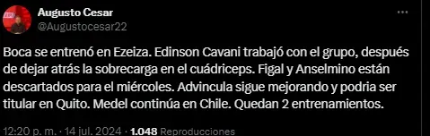 Cavani se entrenó con el grupo.