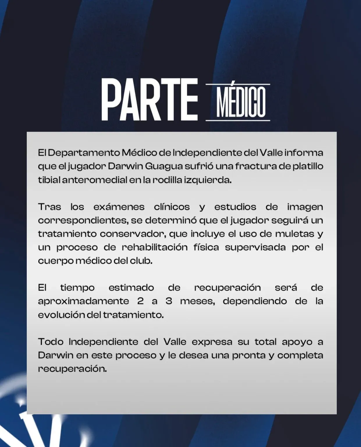 El comunicado de IDV por la lesión de Darwin Guagua. (Foto: IDV)