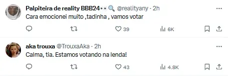 Foto: X/Palpiteira de reality BBB 24 e X/Aka Trouxa