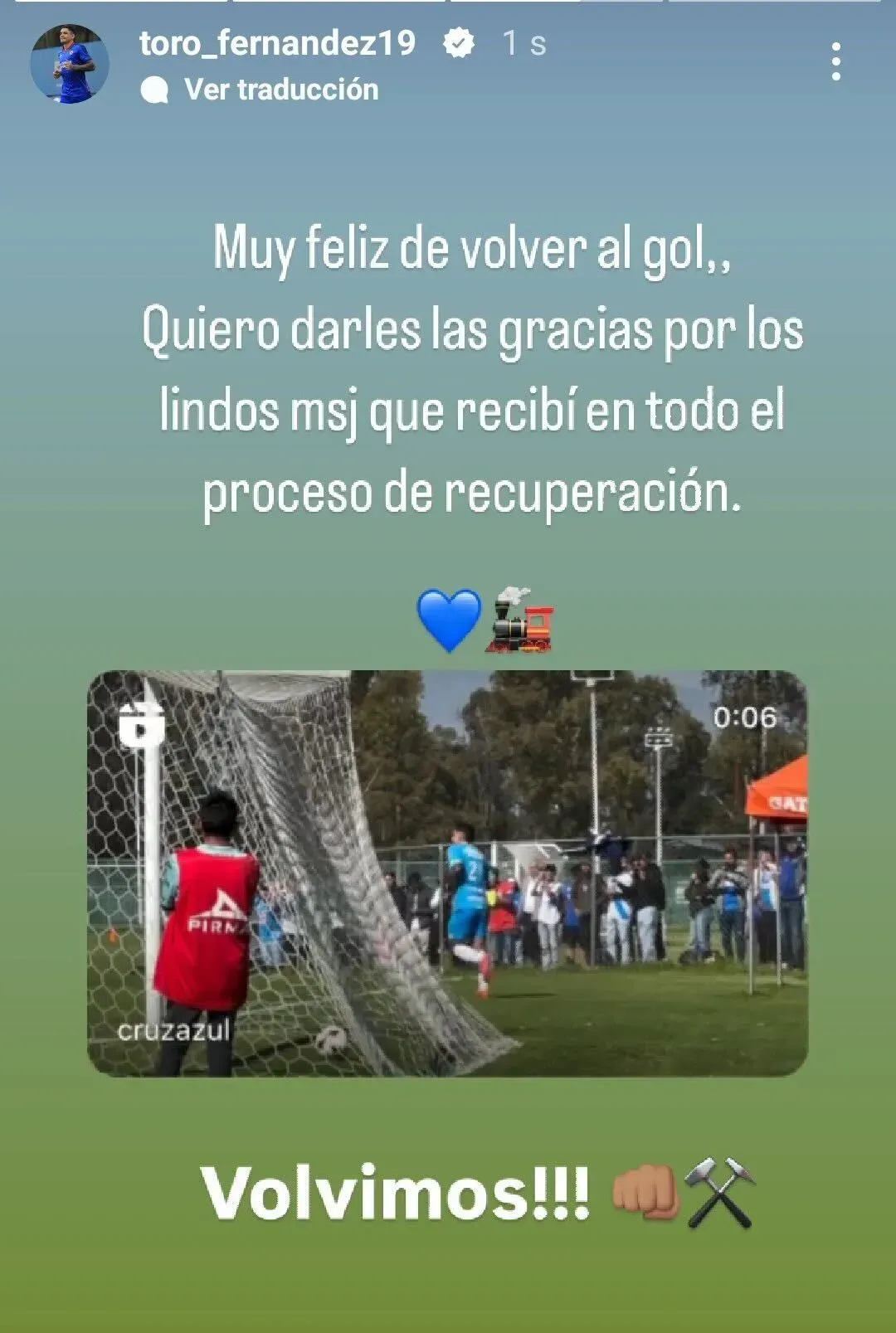 El motivacional mensaje del Toro Fernández tras su regresó (Instagram)