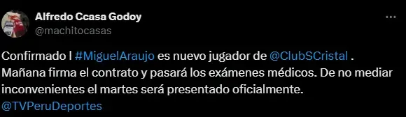 Miguel Araujo vuelve al Perú (Foto: X).