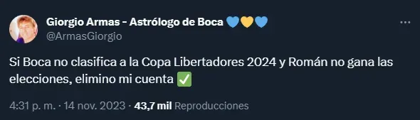 Giorgio Armas promete cerrar su cuenta ante dos posibles hechos del mundo Boca (Twitter @ArmasGiorgio).
