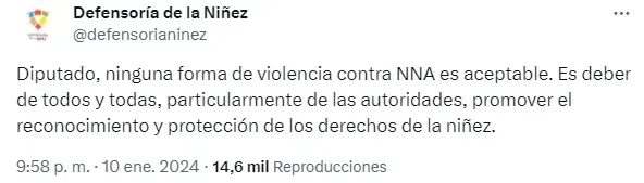 Respuesta de la Defensoría de la Niñez a publicación de diputado Mauricio Ojeda en X.