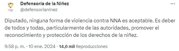 Captura de la respuesta de la Defensoría de la Niñez a publicación de diputado Mauricio Ojeda en X.