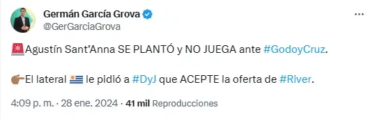 Grova informó que Sant’Anna quiere jugar en River.