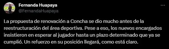 Fernanda Huapaya da pistas del próximo refuerzo. (Foto: Twitter).