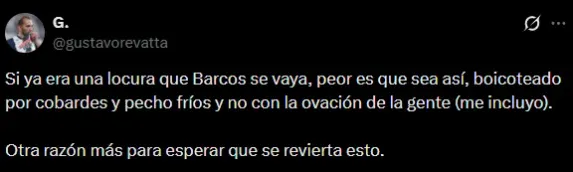 Cuestionan que hayan “boicoteado” el adiós a Barcos (X @gustavorevatta).
