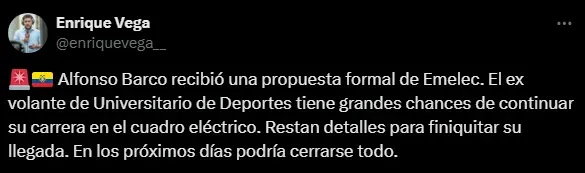 Alfonso Barco cerca de Emelec (Foto: X).
