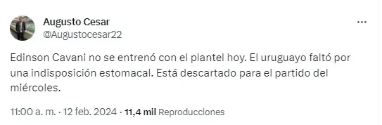 Augusto César, periodista de ESPN, confirma que Cavani no jugará ante Central Córdoba.