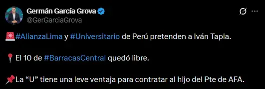 Alianza Lima y Universitario van por Iván Tapia (Foto: X).