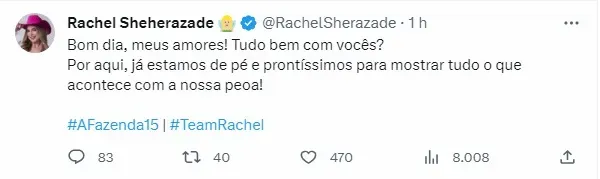 Reprodução/Twitter oficial de Rachel Sheherazade.