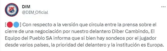 La confirmación del DIM sobre el caso Diber Cambindo (Twitter)