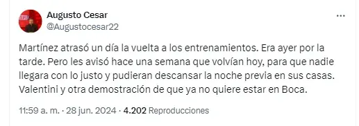 Valentini, ausente en la práctica de Boca.