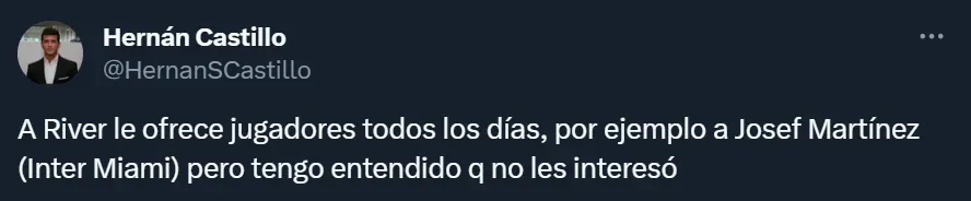 Hernán Castillo, en Twitter, aseguró que a River le ofrecieron a Josef Martínez.