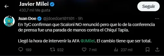 El like de Milei sobre la situación de Scaloni