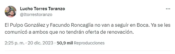 Tuit del periodista Luciano Torres Toranzo.