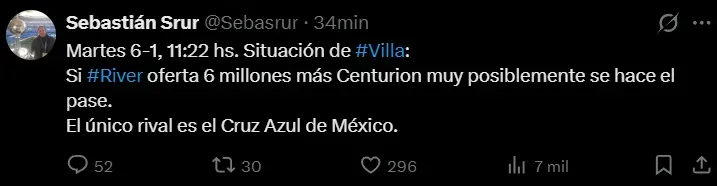 Periodista de River Plate menciona a Cruz Azul como “rival” por Sebastián Villa. (@sebasrur)