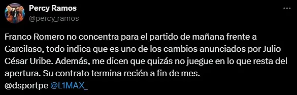 Franco Romero se iría de Sporting Cristal (Foto: X).