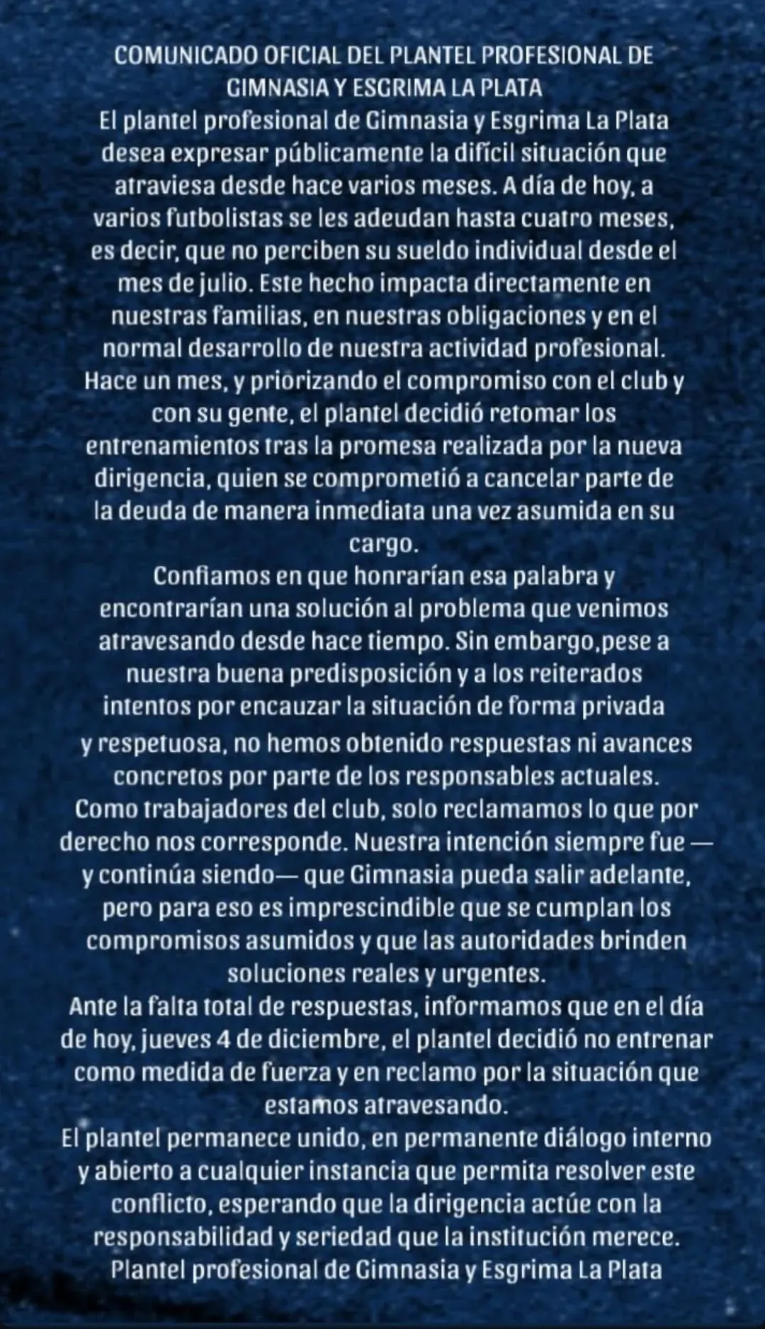 El comunicado oficial de Gimnasia.
