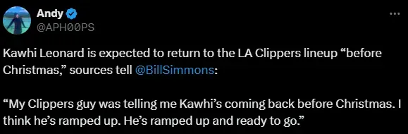 Bill Simmons’ sources told that Leonard will be back before Christmas. @Via APH00PS.