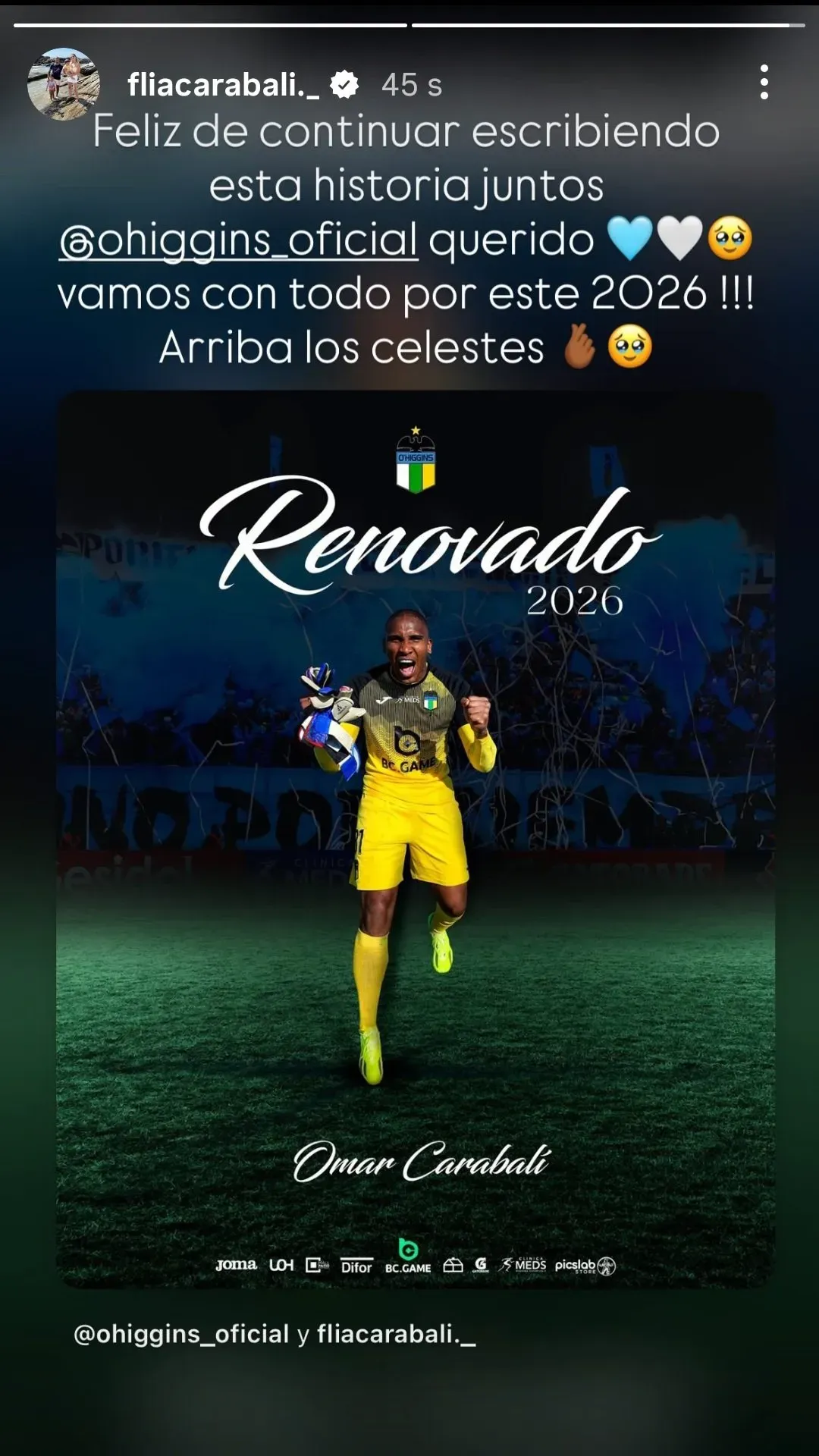 Carabalí agradeció el respaldo de O’Higgins y renovó para disputar la Copa Libertadores 2026