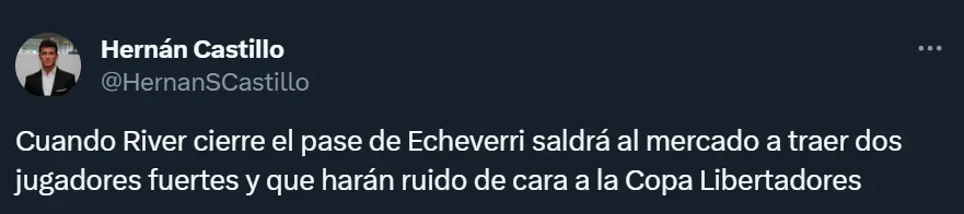 Hernán Castillo, en Twitter, brindó información del mercado de pases de River.