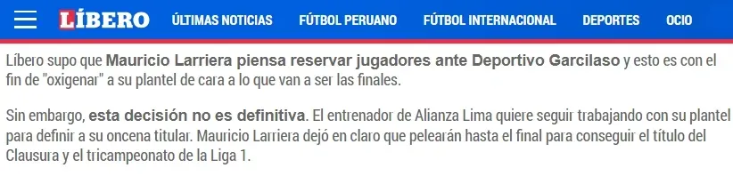 ¿Alianza Lima guardará jugadores ante Deportivo Garcilaso? | Créditos: Diario Libero.