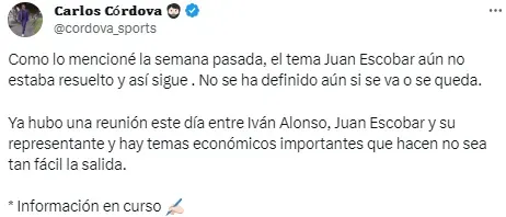 Juan Escobar podría quedarse. (@Cordova_sports)