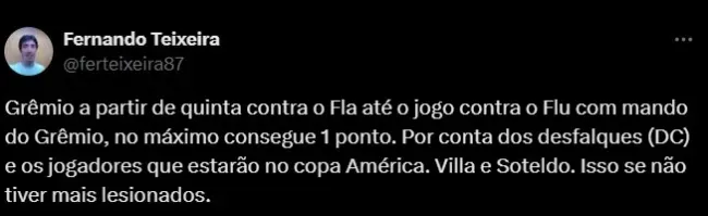Torcedor do Grêmio opinando sobre jogos sem Soteldo e outros desfalques. Foto: Reprodução/ Twitter