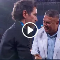 El distante saludo de Eduardo Domínguez con Chiqui Tapia