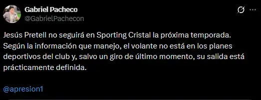 Jesús Pretell no seguiría en Sporting Cristal (Foto: X).