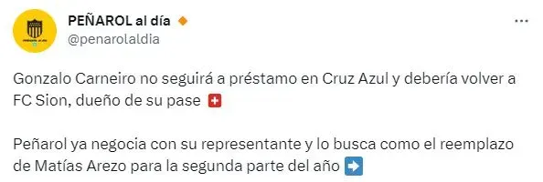 Gonzalo Carneiro posible refuerzo de Peñarol (Twitter)