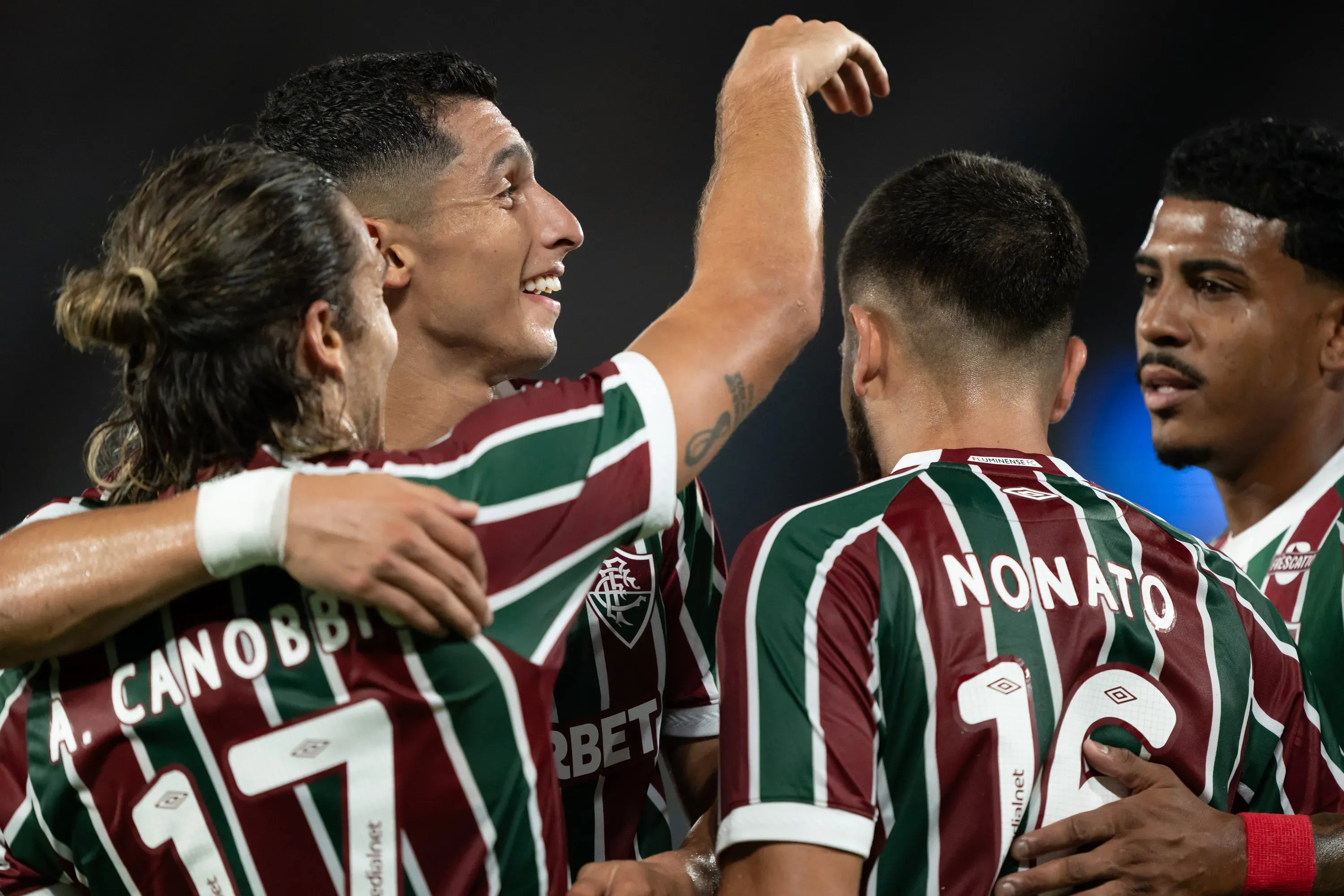 Na foto, quatro dos jogadores que marcaram contra o São Paulo, faltando apenas Martinelli. Foto: Jorge Rodrigues/AGIF