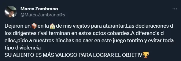 El mensaje del hermano de Zambrano (Twitter @MarcoZambrano05).