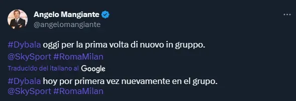 Dybala se entrenó con normalidad (Twitter @angelomangiante).
