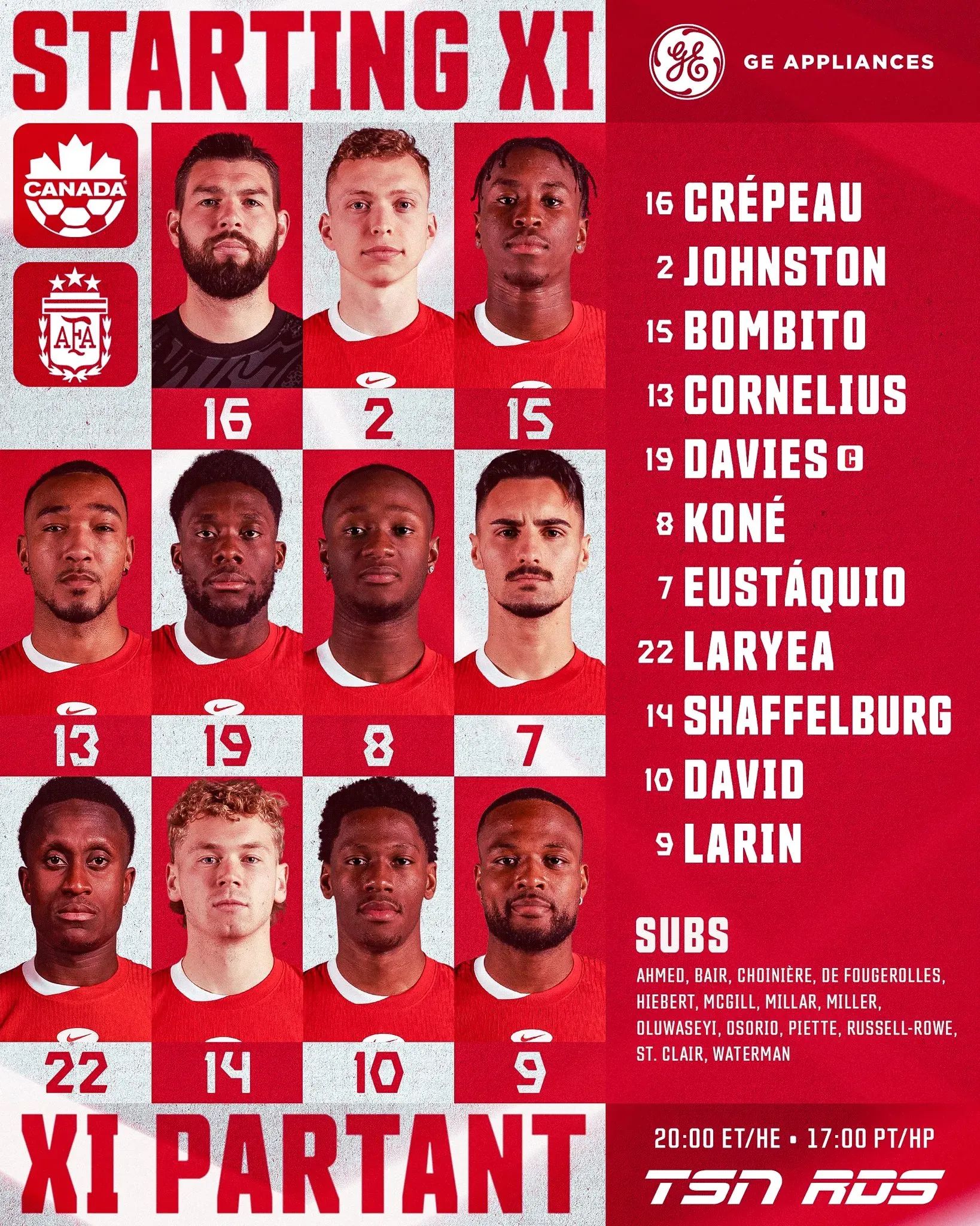 Escalação do Canadá. Foto: rede social X / Canadá