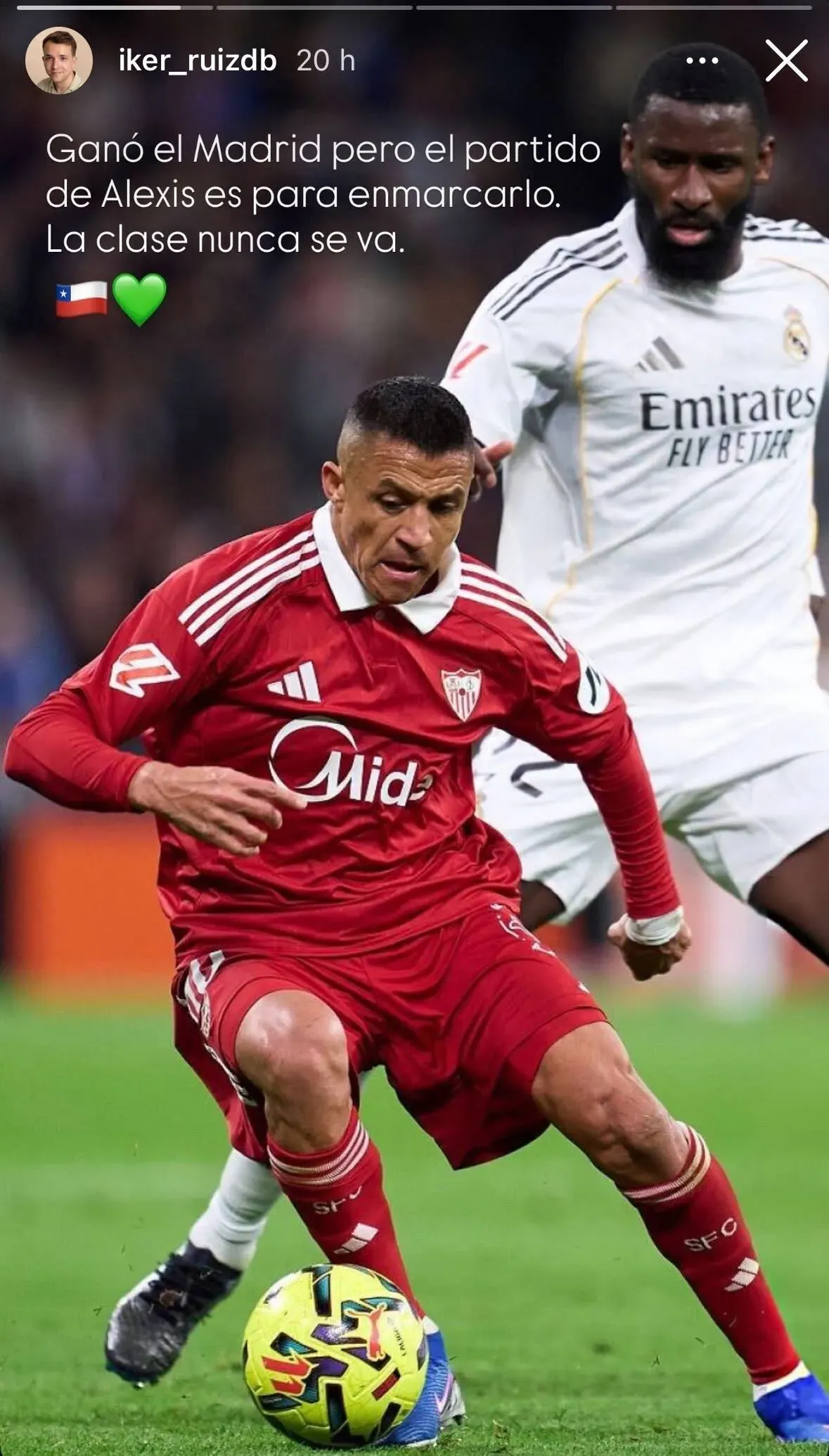 El popular influencer Iker Ruiz deliró con el partido de Alexis Sánchez contra el Real Madrid este fin de semana. Foto: Instagram.